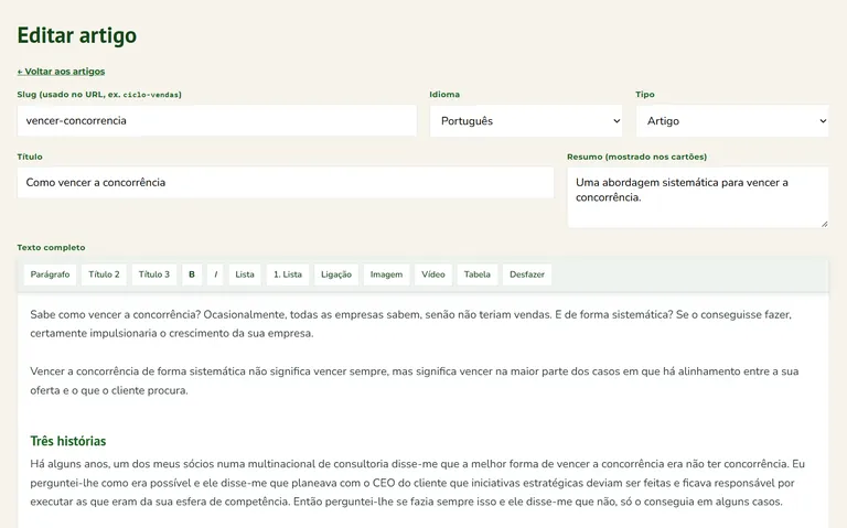 Backoffice com campos de título, resumo, idioma e editor de texto