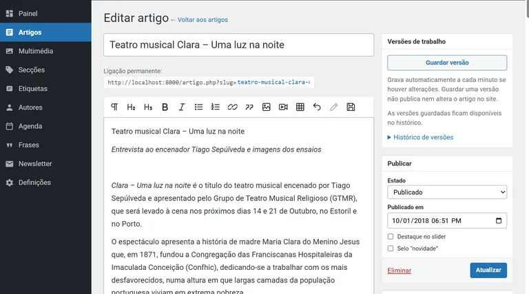 Backoffice de estilo clássico com menu lateral, editor de artigo e opções de publicação