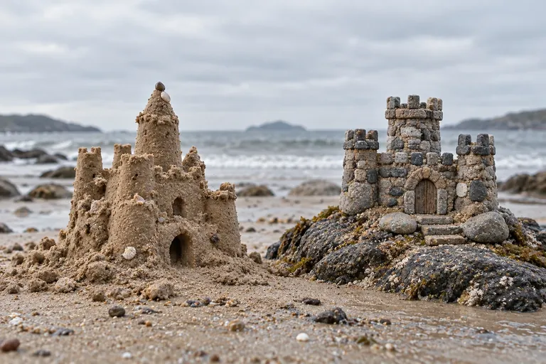 Um castelo de areia e um modelo de castelo em pedra sobre uma rocha.