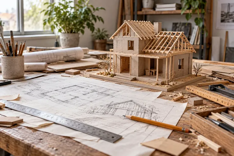 Work table with design designs and a model under construction.