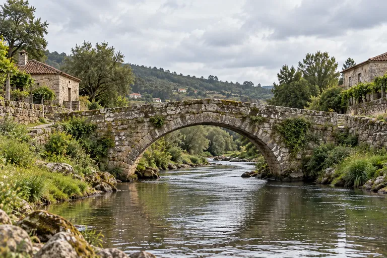 Bridge of stone on a river in a rural landscape.