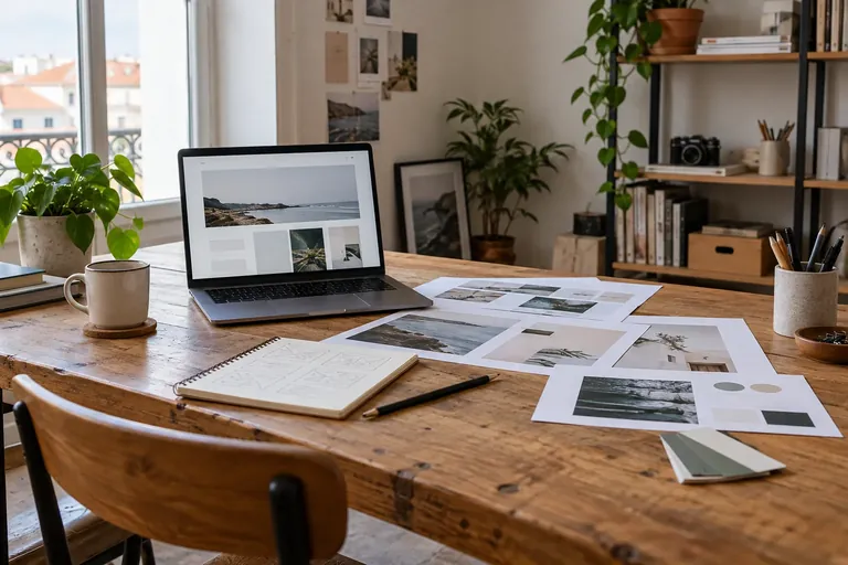 A design workspace with a laptop and printed website layouts.