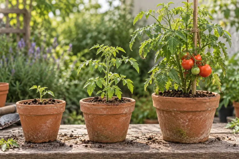 Three tomato plants in pots, from the small plant to the fruit.
