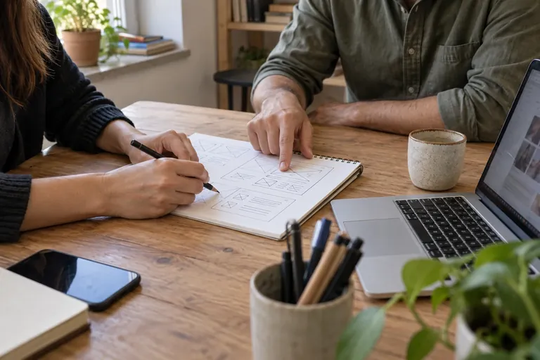 Hands to discuss sketches of a website on a work table.