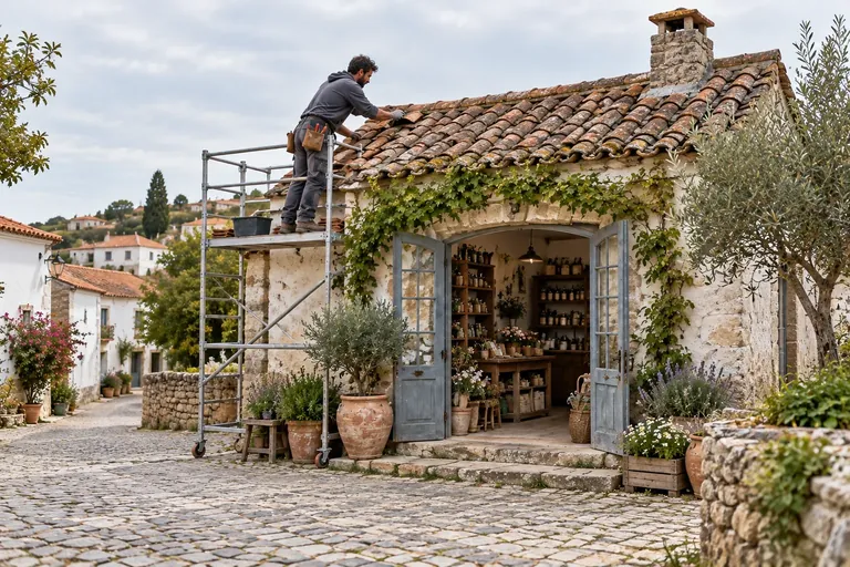 Maintenance of the roof of a small open store.