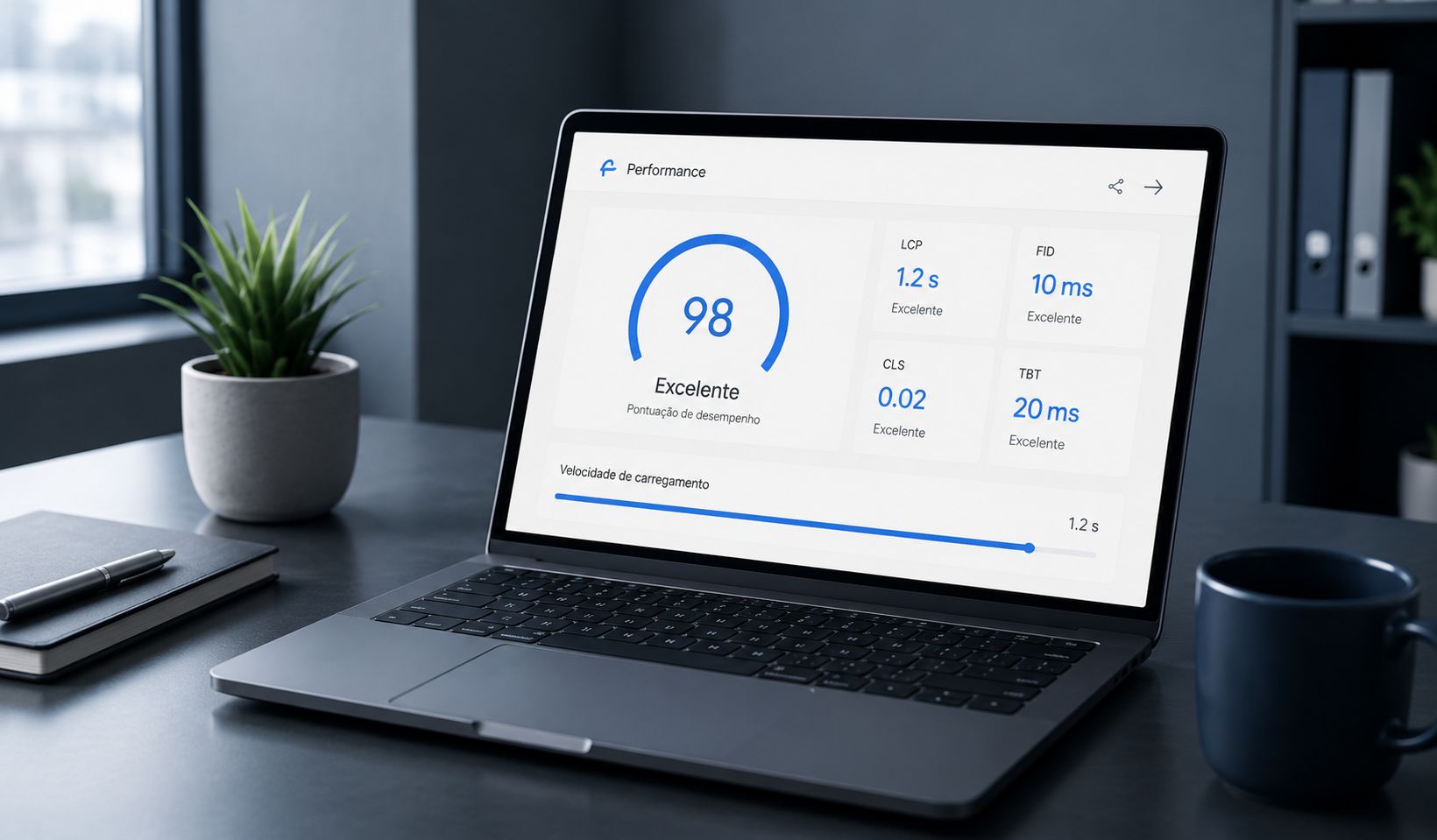 Laptop com relatório de performance mostrando um site rápido
